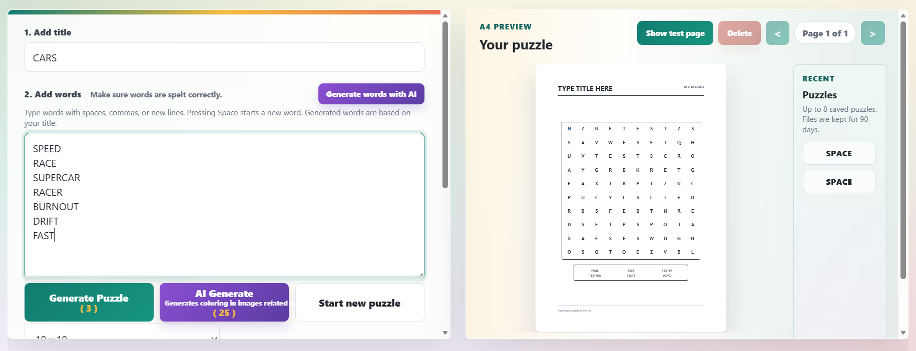 Wordsearch Builder editor and printable preview